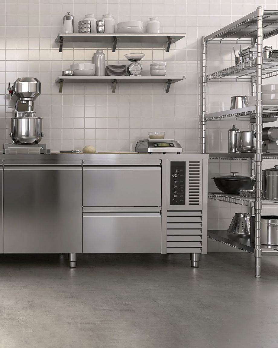 Cuisine en inox avec appareils électroménagers et étagères.