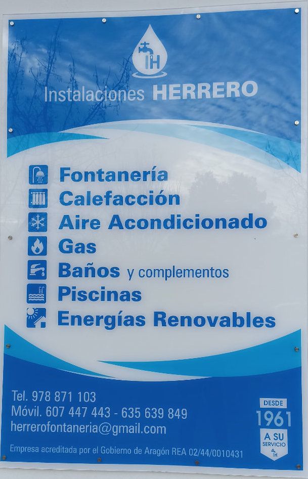 Letrero azul y blanco para servicios de fontanería, que incluye servicios como calefacción, aire acondicionado y energías renovables; información de contacto incluida.