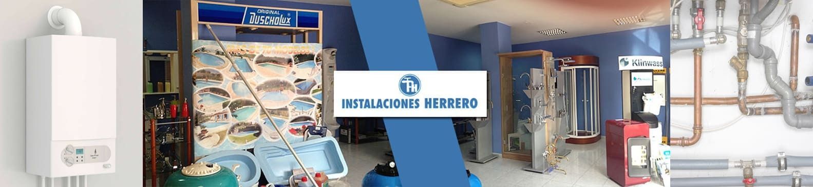 Una caldera de pared de color blanco, sala de exposición con fondo azul y expositores de fontanería.