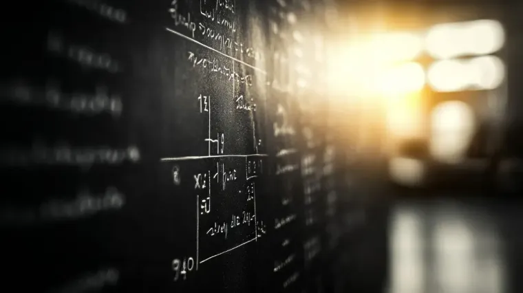 Pizarra con ecuaciones matemáticas complejas, iluminada por la luz del sol en un aula.
