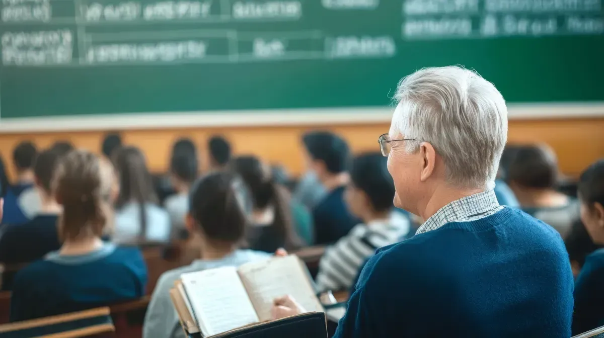 Una persona con gafas observa a los estudiantes en un aula con una pizarra.