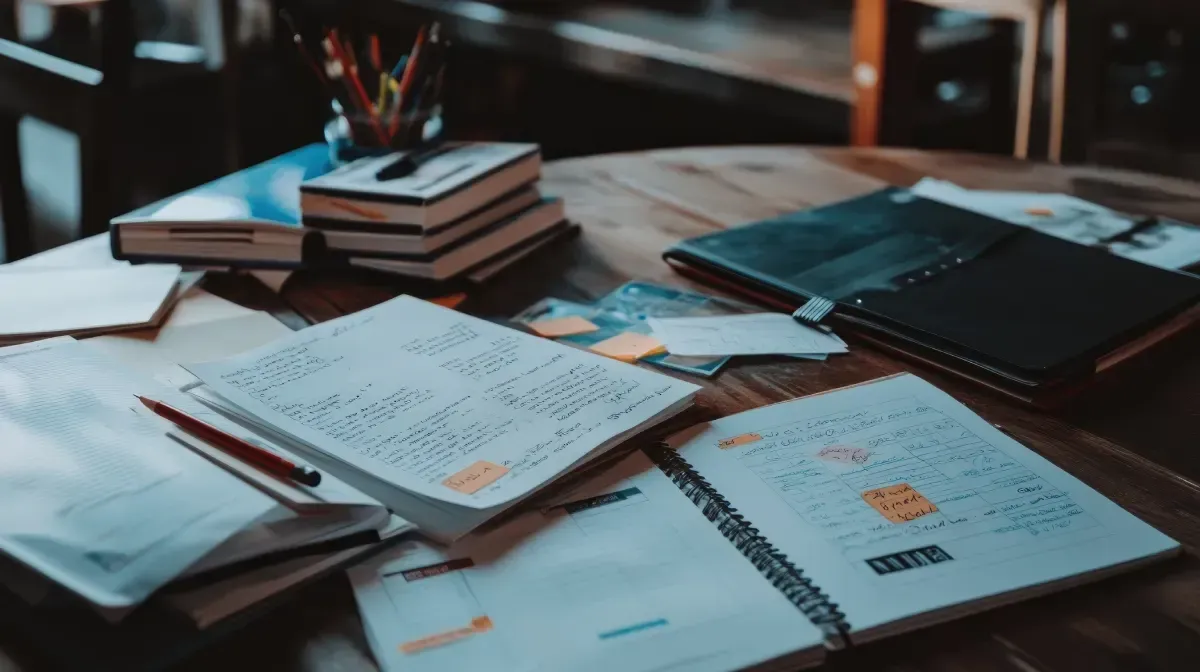 Cuadernos, libros y material de escritura esparcidos sobre una mesa de madera, sugiriendo un espacio de trabajo.