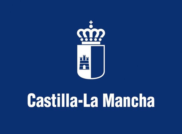Escudo de armas y texto de la comunidad autónoma española de Castilla-La Mancha sobre fondo azul.
