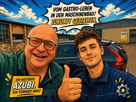 Zwei Männer lächeln, einer zeigt den Daumen nach oben. Szene im Freien, ein rotes Hemd ist teilweise sichtbar.