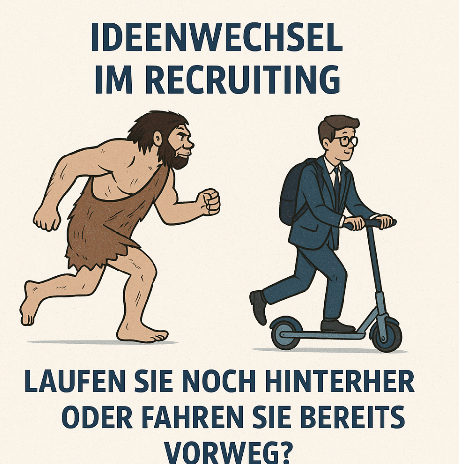 Ein Mann im Anzug fährt auf einem Motorroller neben einem Höhlenmenschen her.