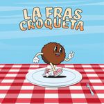 Dibujo animado de una croqueta en un plato sobre un mantel rojo a cuadros, con el texto &ldquo;La Fras Croqueta&rdquo; encima.