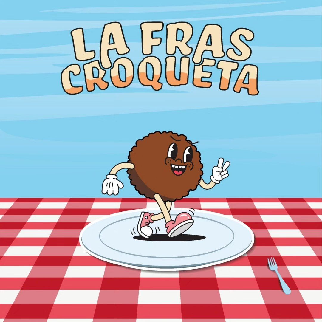 Dibujo animado de una croqueta en un plato sobre un mantel rojo a cuadros, con el texto &ldquo;La Fras Croqueta&rdquo; encima.