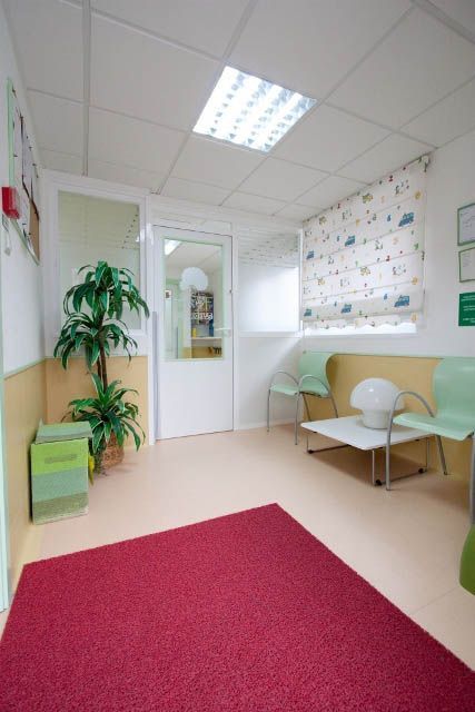 Una sala de espera con una alfombra roja y sillas verdes.