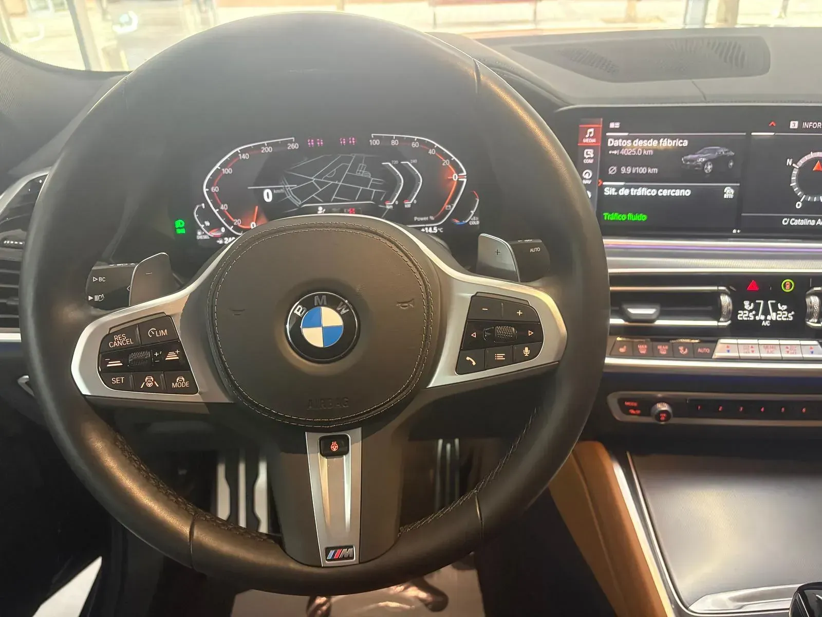 Un primer plano del volante y el tablero de un BMW.