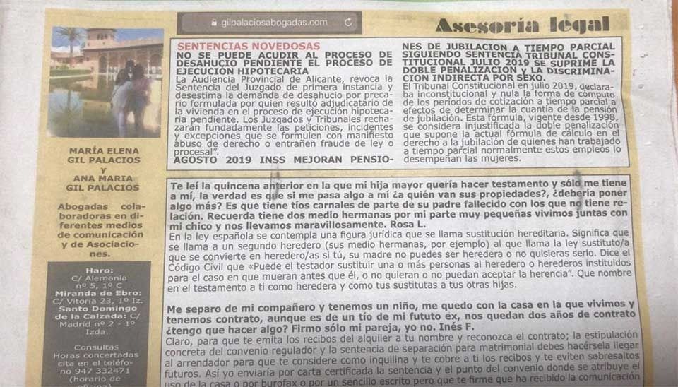 Recorte de periódico con texto y columnas de asesoramiento legal.