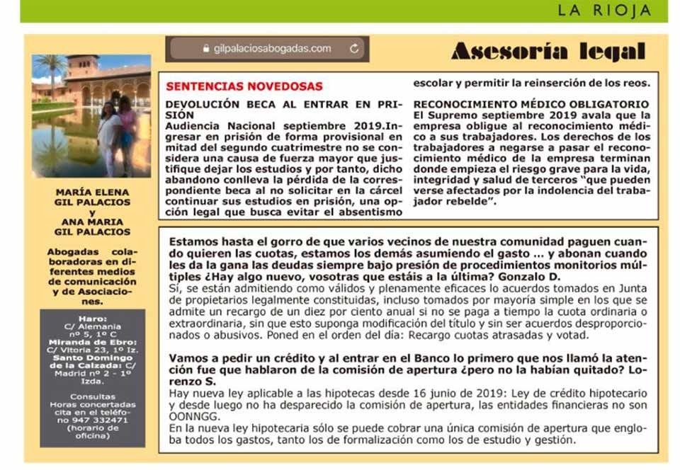 Recorte de periódico con titulares de asesoramiento legal y texto sobre becas y trabajadores mexicanos.