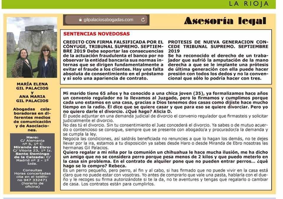 Recorte de periódico: Columna de asesoramiento legal con texto y dos fotos de mujeres, abogados y Stonehenge.