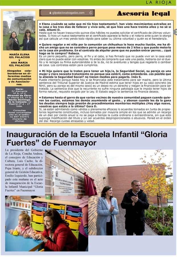 Recorte de periódico con sección de asesoramiento legal y foto de la inauguración de la escuela.