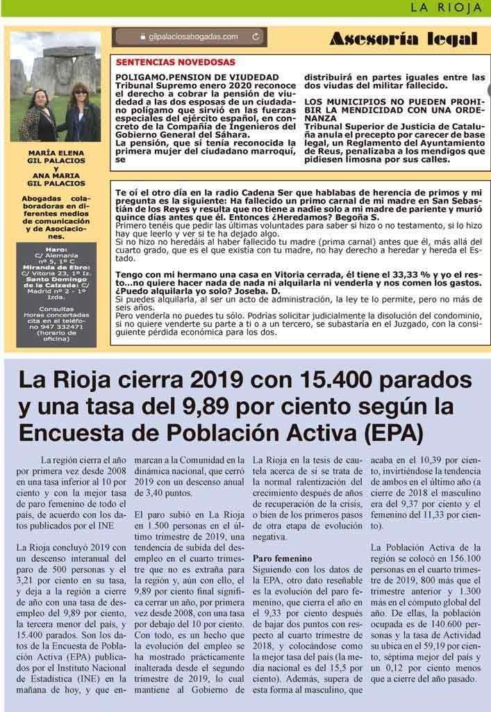 Titular: Desempleo en La Rioja en 2019: 15.400 desempleados, tasa del 9,89%.