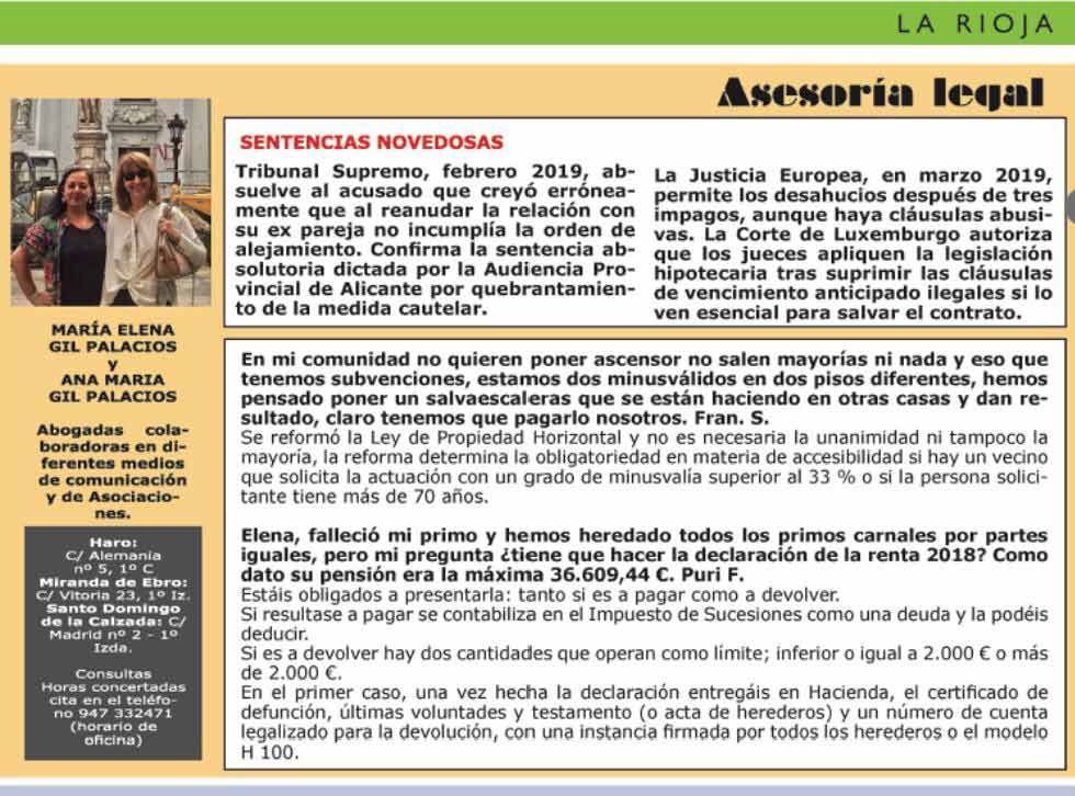 Artículo de asesoramiento legal con fotos de abogados y texto sobre temas jurídicos.