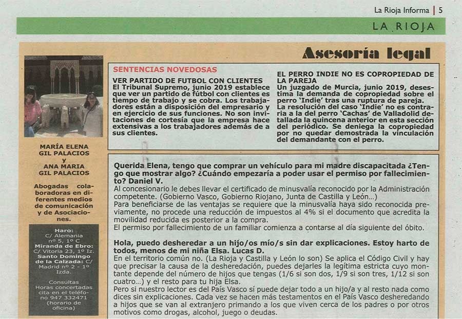 Página de periódico con columna de asesoramiento legal y artículos relacionados.