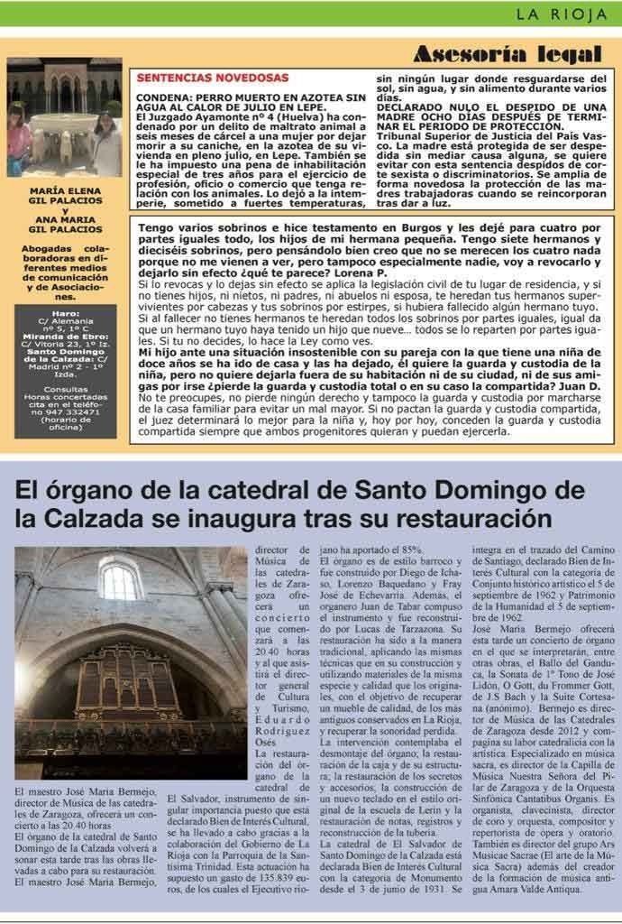 Página de periódico con artículos sobre la restauración de un órgano y otras noticias locales.