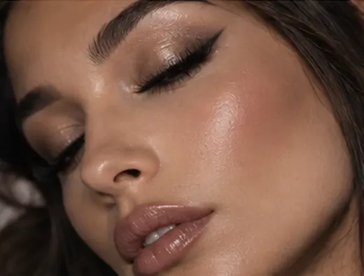Primer plano del rostro de una mujer con los ojos cerrados, maquillaje suave y labios brillantes.