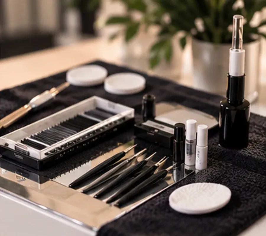 Kit de maquillaje negro con brochas, lápices y recipientes para cosméticos sobre una bandeja de tocador.