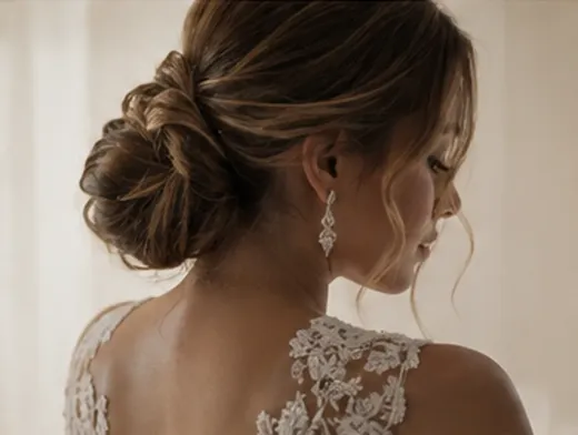 Novia con elegante recogido y vestido de encaje vista desde atrás, luciendo pendientes colgantes.