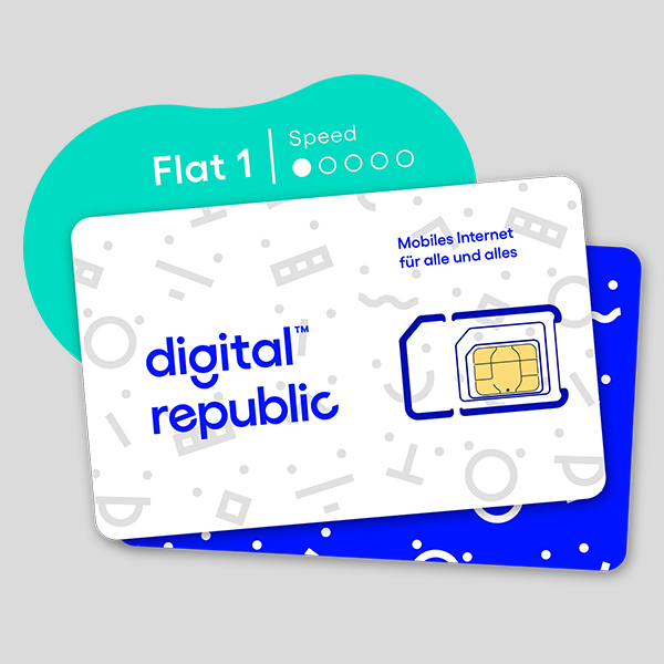 Eine digitale Republic-SIM-Karte mit Geschwindigkeitsanzeige und blau-weißem Design.