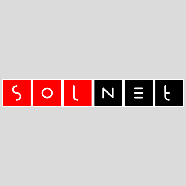 „SOLNET“-Logo: Rote und schwarze Quadrate bilden die Buchstaben. „SOL“ in Rot, „NET“ in Schwarz.