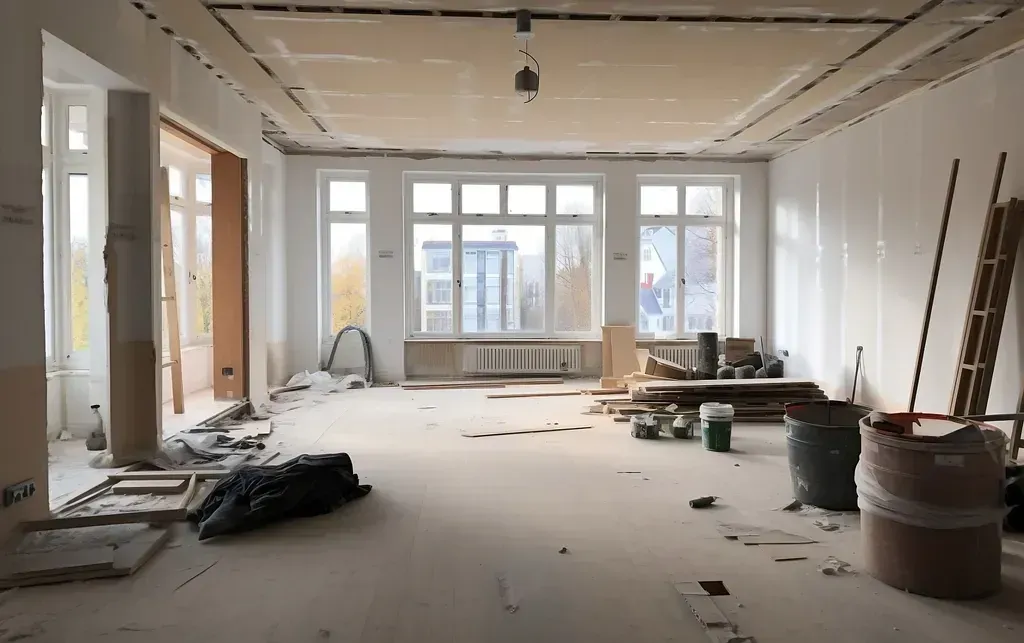 Una gran habitación vacía con muchas ventanas en construcción.