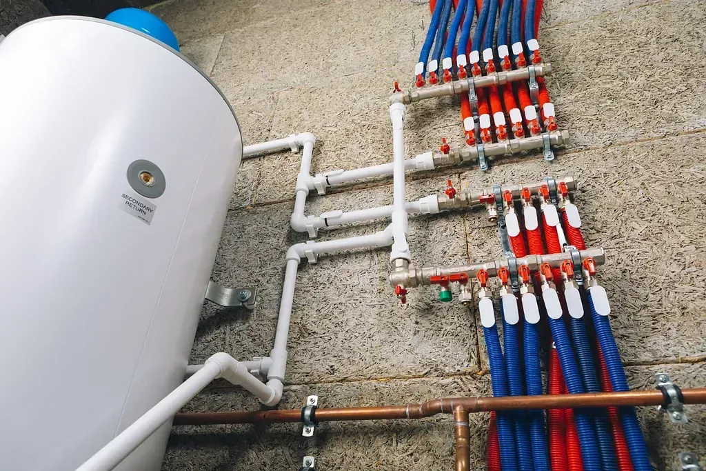 Un primer plano de un calentador de agua y tuberías en una pared.