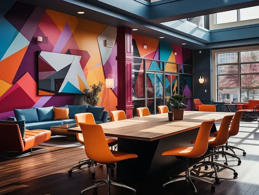 Una sala de conferencias con una mesa larga y sillas y una pared colorida.