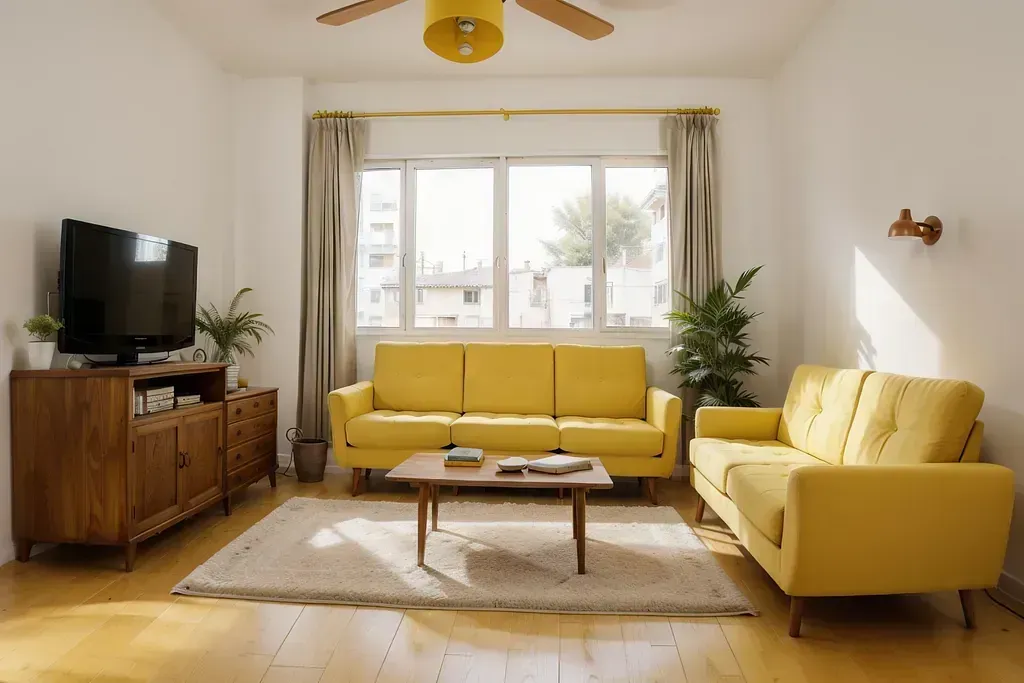 Una sala de estar con muebles amarillos y un ventilador de techo.