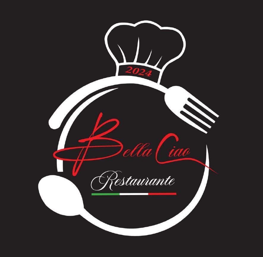 Logotipo para Bella Ciao Restaurante con gorro de chef, utensilios y los colores de la bandera italiana.