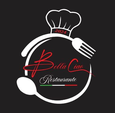 Logotipo para Bella Ciao Restaurante con gorro de chef, utensilios y los colores de la bandera italiana.