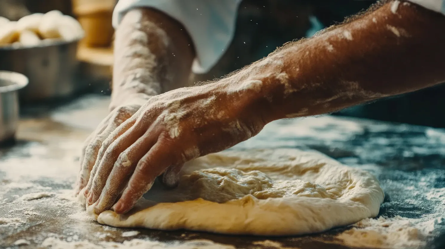 Manos amasando masa sobre una superficie cubierta de harina en una cocina.