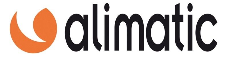 Un logotipo negro y naranja para una empresa llamada Alimatic.