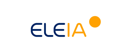 Un logotipo azul y naranja para Eleia sobre un fondo blanco.
