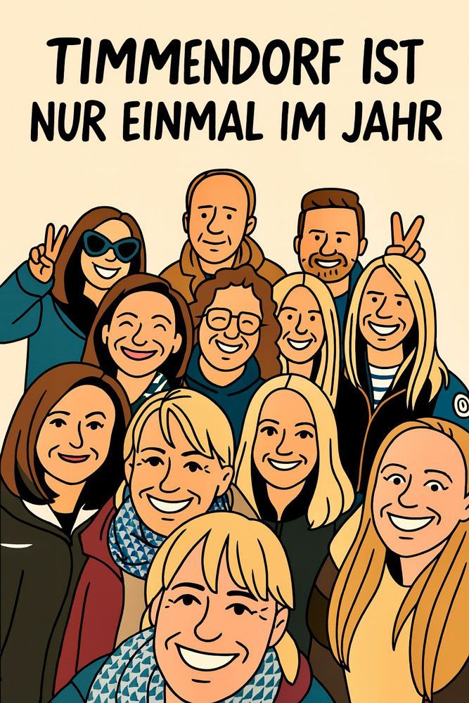 Gruppe lächelnder Menschen (gemalt); Text „Timmendorf ist nur einmal im Jahr“.