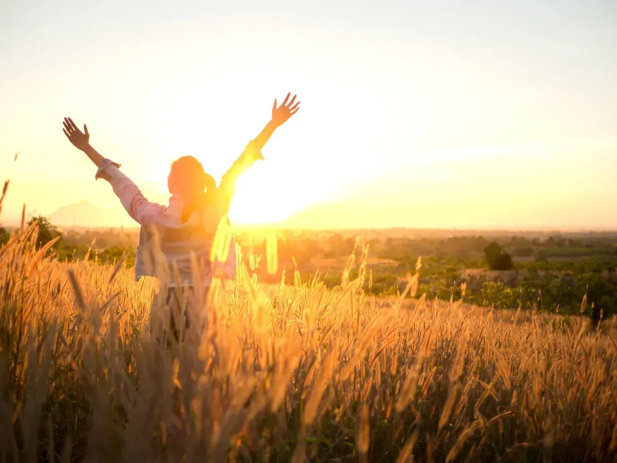 Henkilö seisoo korkeassa ruohikossa kädet kohotettuina auringonlaskun aikaan, taustavalaistuna lämpimällä kultaisella valolla