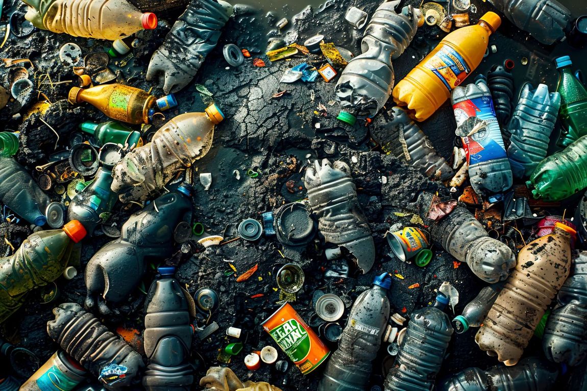 Una pila de botellas de plástico y latas flotando en el agua.