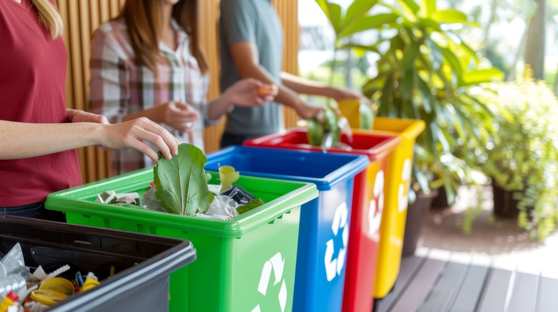 Un grupo de personas está colocando residuos en contenedores de reciclaje.