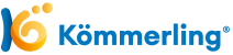 Logotipo de Kömmerling en azul y naranja con emblema estilizado y marca denominativa.