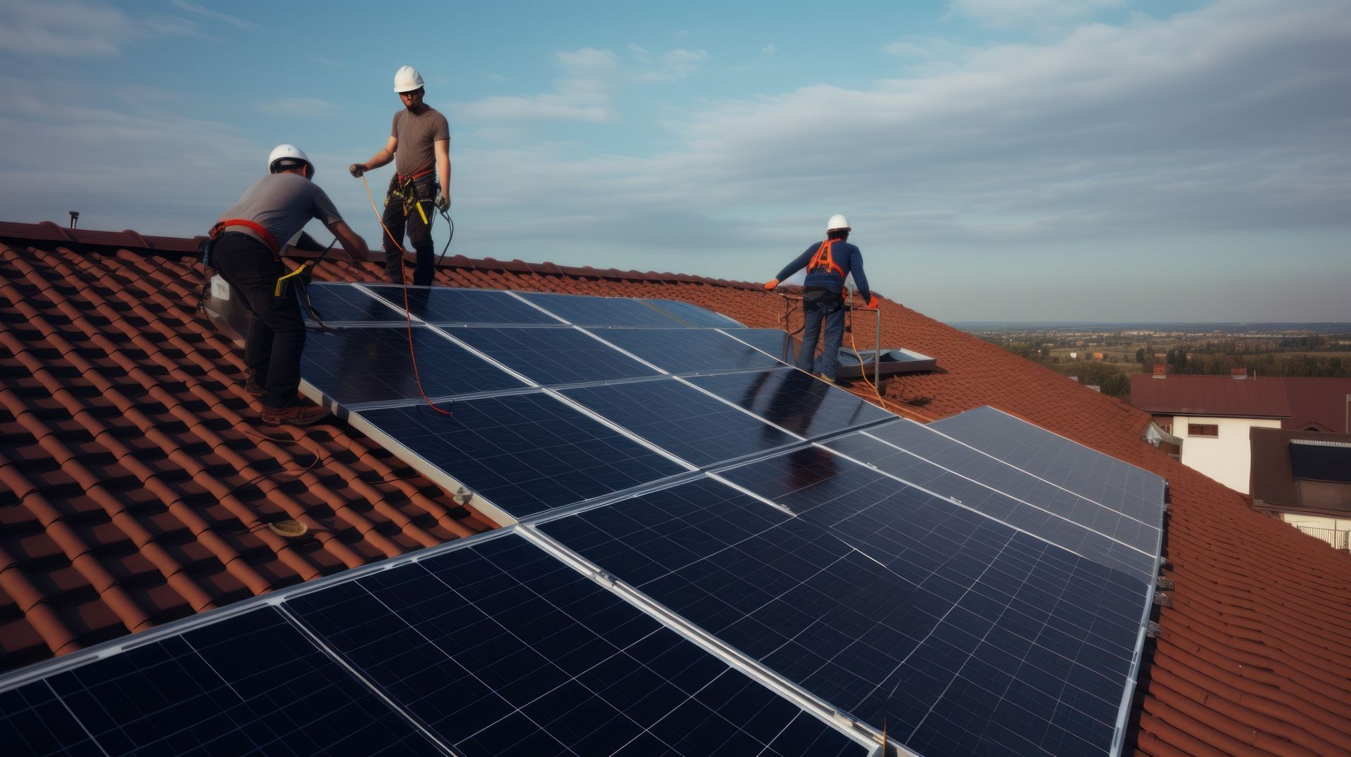 Tres hombres están instalando paneles solares en el tejado de una casa.