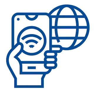 Mano sosteniendo un teléfono con el símbolo de wifi, conectado al globo terráqueo. Contorno azul.