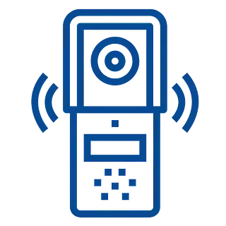 Ícono azul de un timbre con vídeo que suena con cámara, altavoz y teclado.