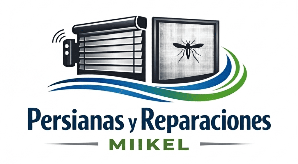Logotipo de Persianas y Reparaciones MIIKEL que muestra una contraventana y una mosquitera con el icono de un mosquito.