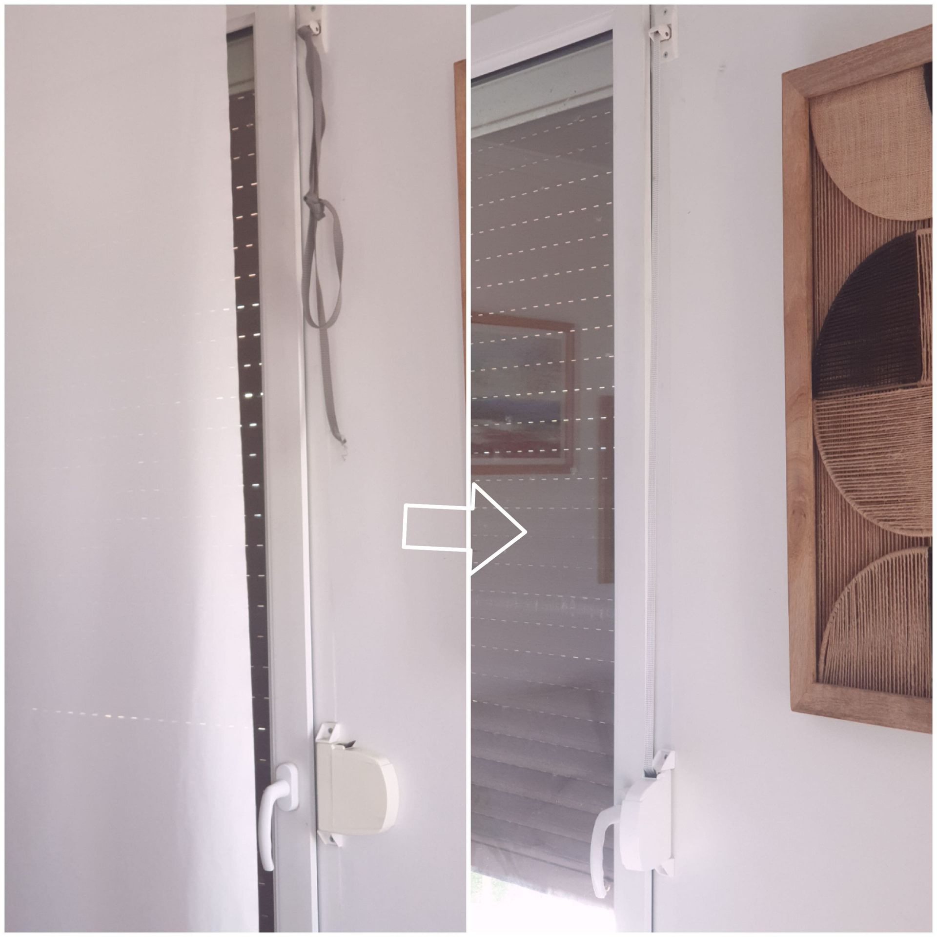 Comparación del antes y el después de un marco de puerta, donde se muestra cómo se ordena y se sujeta un cordón suelto que colgaba del marco.