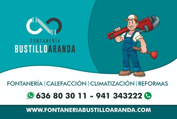 Banner publicitario de Fontanería Bustillo Arranda con un fontanero de dibujos animados, lista de servicios, números de teléfono y sitio web sobre un fondo verde azulado