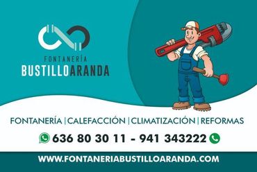 Banner publicitario de Fontanería Bustillo Arranda con un fontanero de dibujos animados, lista de servicios, números de teléfono y sitio web sobre un fondo verde azulado