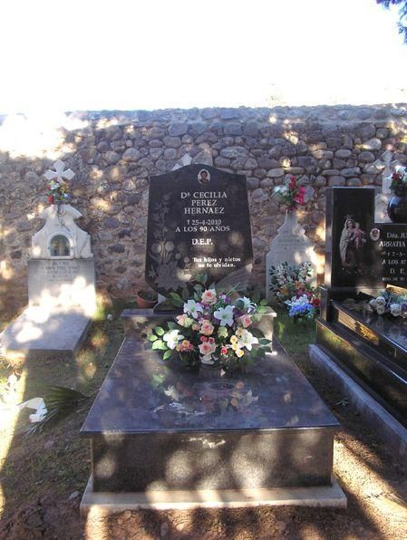 Tumba con lápida negra, flores y fondo de pared de piedra.