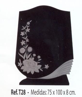 Memorial de granito negro con diseño floral y texto 