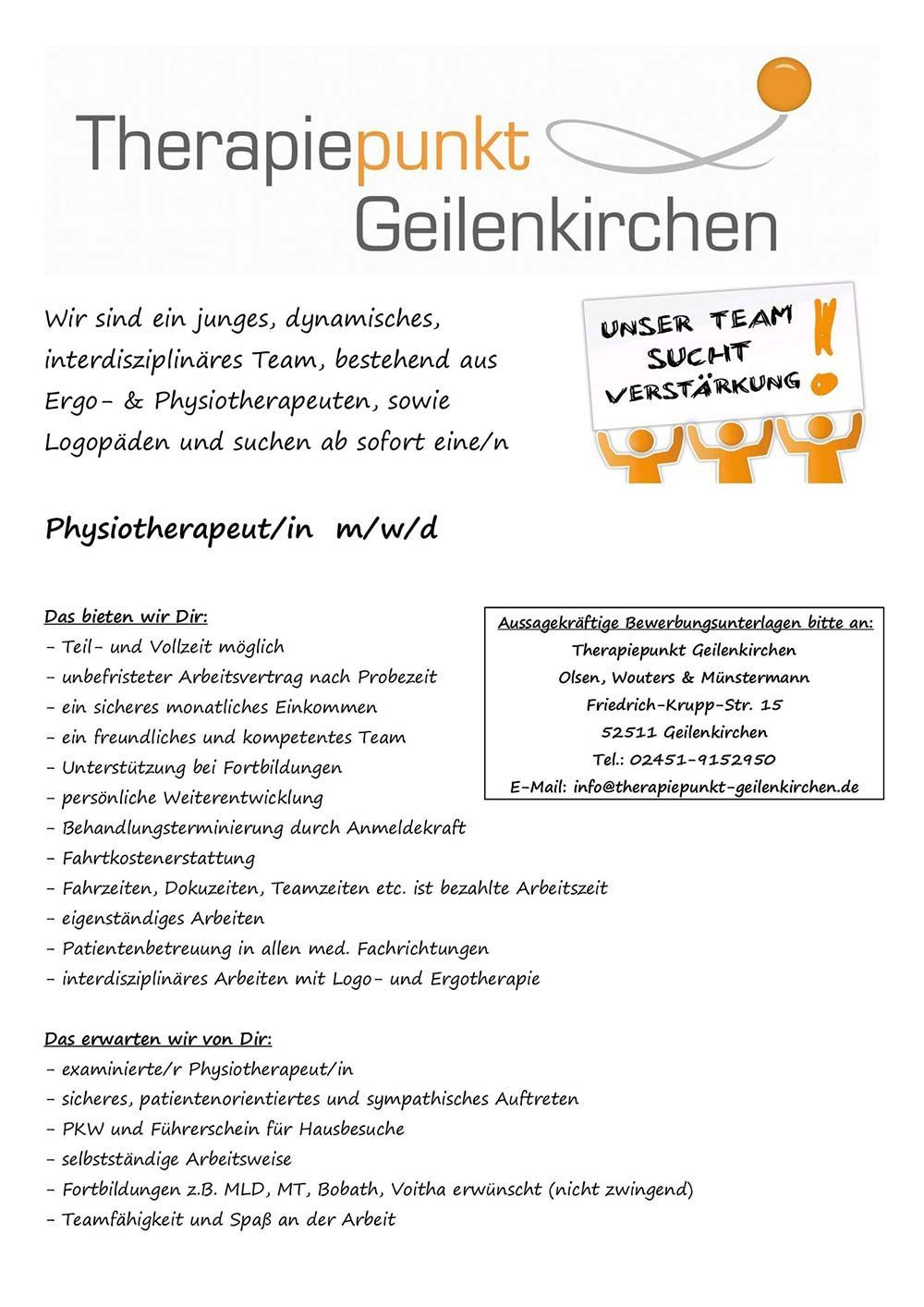 A flyer for therapiepunkt geilenkirchen in german